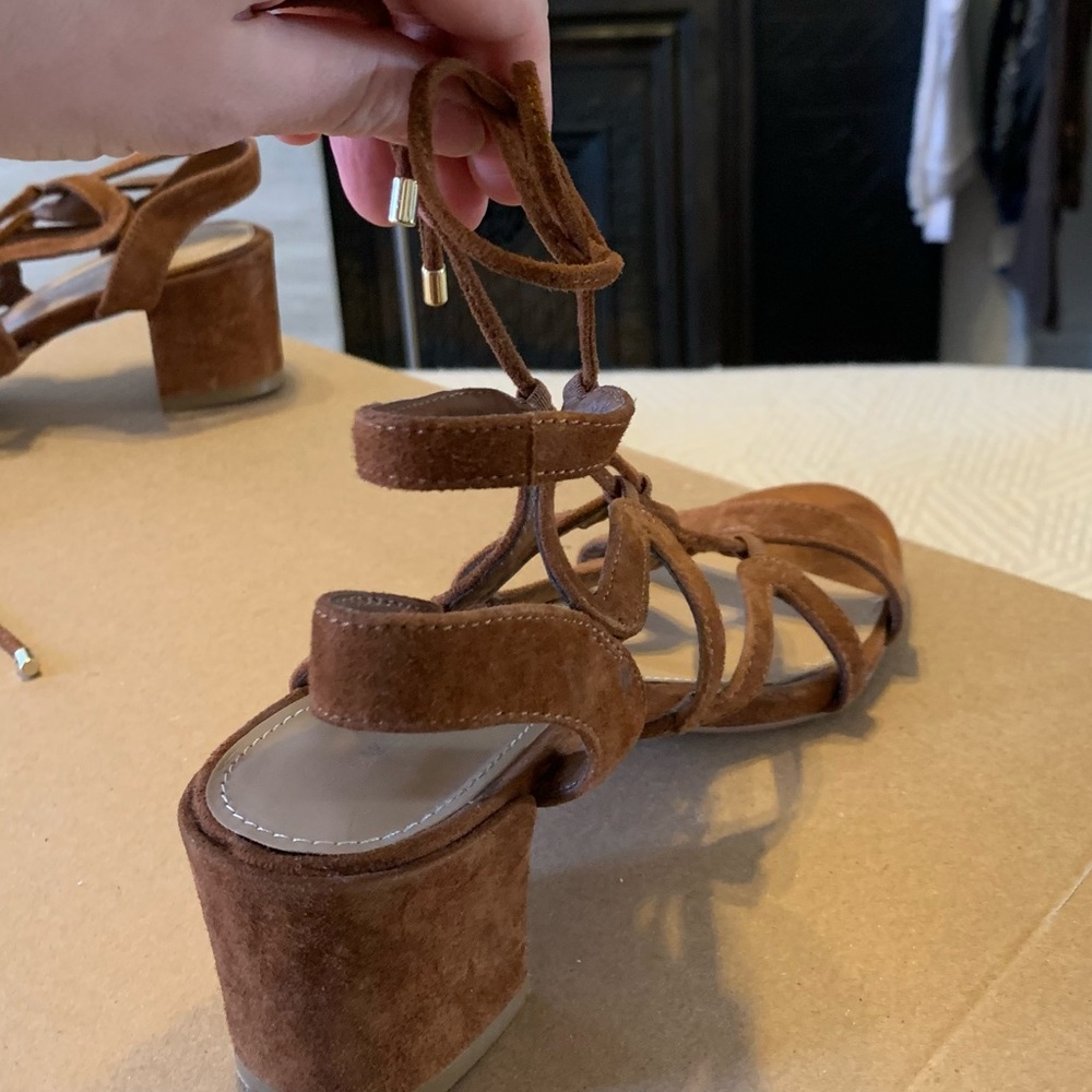 Saks Fifth Avenue Cognac Camel Brown Suede Lace Up Block Heel Sandals - 6.5 - Picture 10 of 16